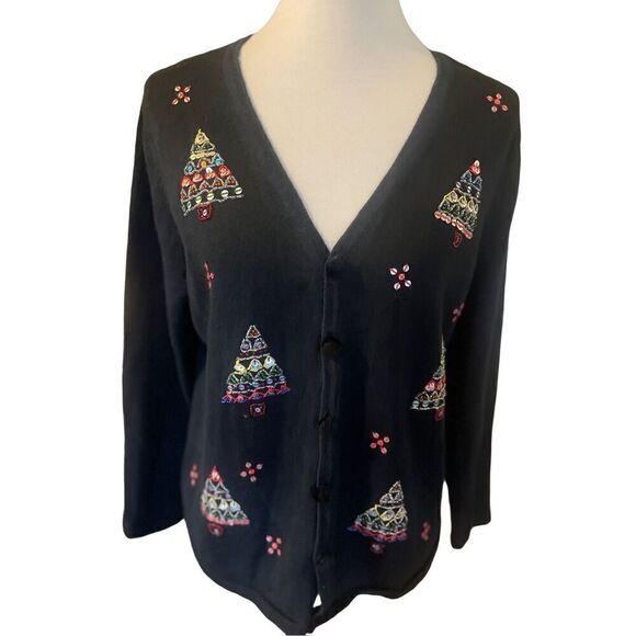 Mercer Street Studio Hand Embroidered Christmas Vintage Black Button Down Cardig - Picture 8 of 11